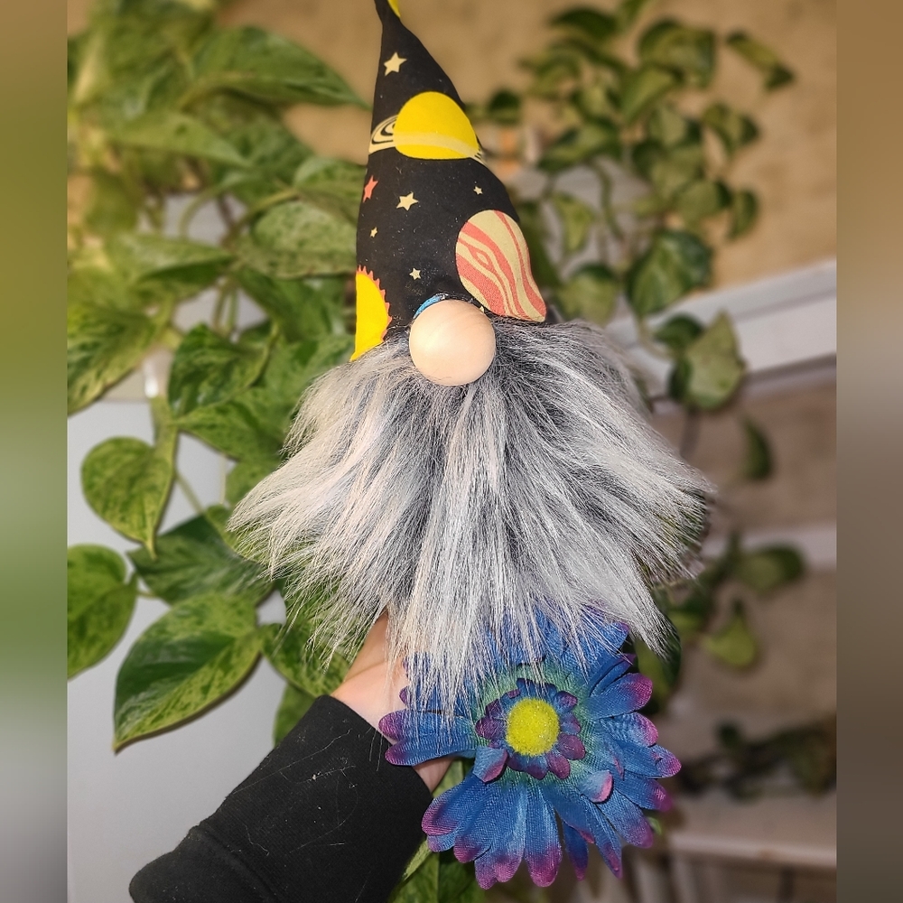 Hand-Made Space Galaxy Gnome holding a purple flower! 💜